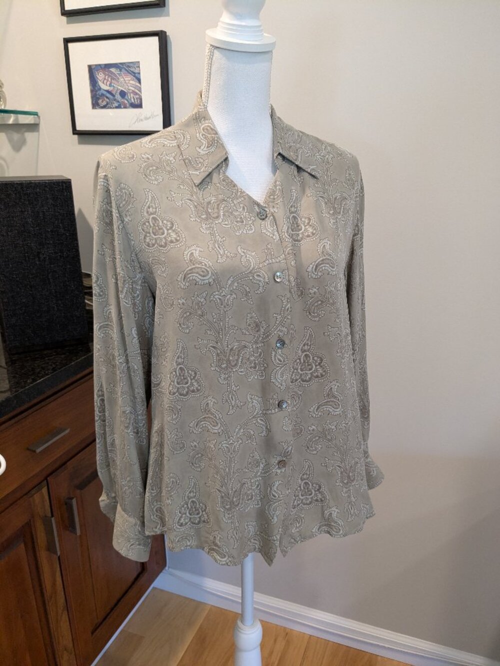 Alfani 100% Silk Taupe Paisley Print Long Sleeve Button-Down Blouse | Size 12